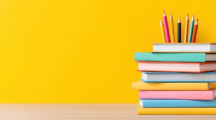 Fototapeta premium Claymorphism education background, stack of soft books and a pencil in the bottom corner, matte texture, pastel yellow background, copy space