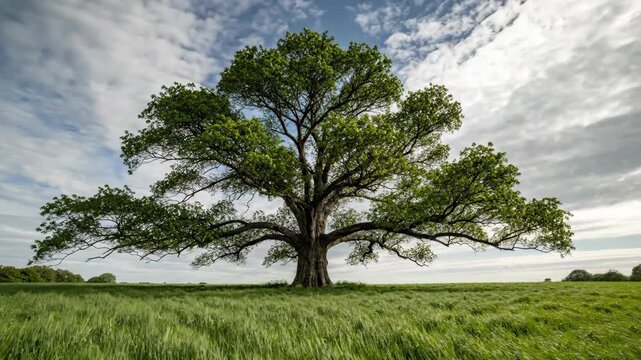 Large solitary tree standing in a green field under a cloudy sky.
