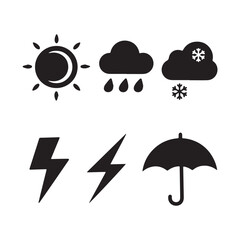 Set of Minimalist Weather Icons Featuring Sun Rain Snow Lightning and Umbrella.