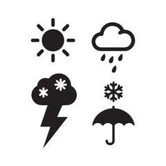 Set of Minimalist Weather Icons Featuring Sun Rain Snow Lightning and Umbrella.