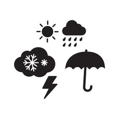 Set of Minimalist Weather Icons Featuring Sun Rain Snow Lightning and Umbrella.