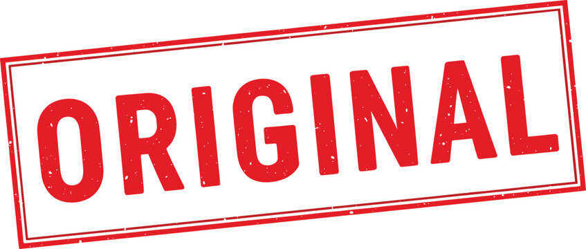 Red original rubber stamp with grunge texture in a double rectangular frame for product authenticity certification and official document verification