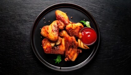 Delicious chicken wings with spicy dipping sauce on a black plate.