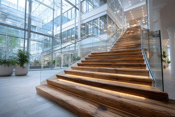 Naklejka premium The scene shows a modern staircase featuring wooden steps with a glass railing inside a bright contemporary building. Light shines through large windows into the area.