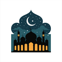 Beautiful mosque silhouette with crescent moon in starry night sky background