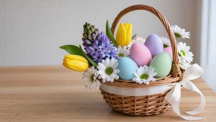 Wicker basket decorated with ribbon, colorful Easter eggs, daisies, tulips, and hyacinths on wooden table, spring holiday still life