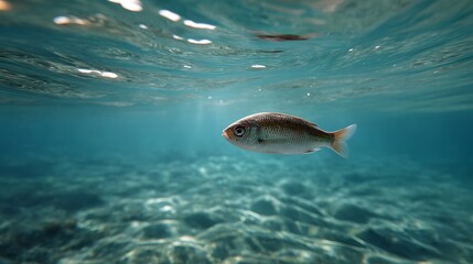 Obraz premium A single fish swims gracefully in clear blue ocean water with sunlight rays illuminating the seabed below