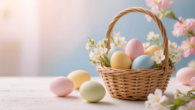 Wicker basket filled with colorful pastel Easter eggs and white spring flowers on wooden table, festive holiday composition