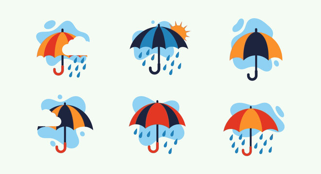 Vibrant Umbrellas in Rainy Weather, Featuring Various Colorful Designs and Rain Drops