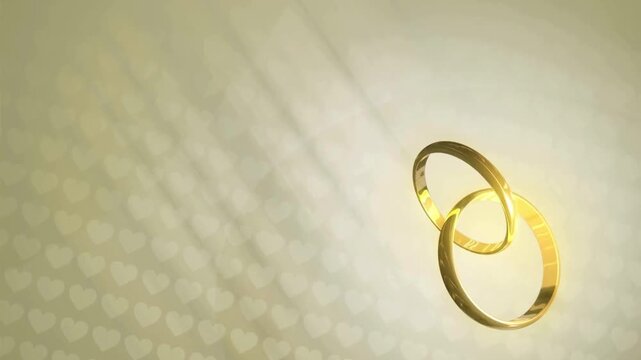 Spinning Golden Wedding Rings Against Romantic Heart Pattern Background