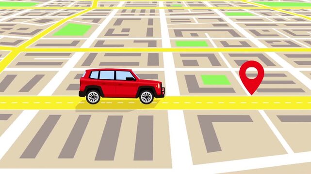 Red Car Driving on City Map Towards GPS Pin Location