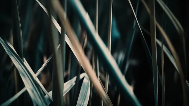 Green reeds creating a dense, textured background and abstract natural pattern with varying depths and cool, muted tones, evoking concepts of organic growth and wild environment