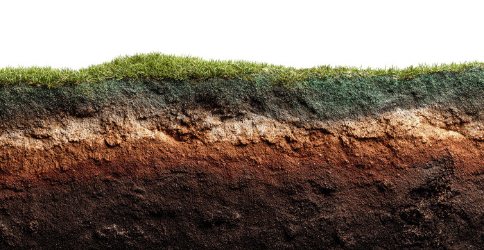 Cross-section of earth layers, showing various soil types and vegetation