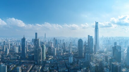 Naklejka premium Panoramic skyline view of modern urban cityscape against blue sky.