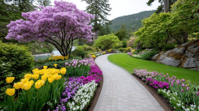 high angle view of the Sunken Garden at The Butchart Gardens in Victoria Canada, explosion of colorful spring flowers, rhododendrons and tulips