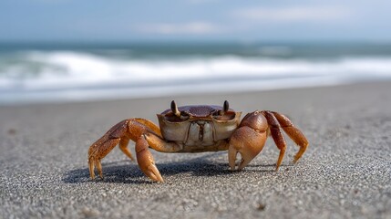 A single crab stands on a sandy beach looking forward with the ocean waves and blue sky in the background