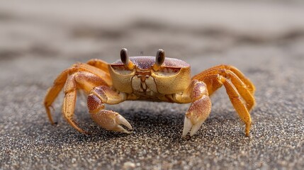 Close up front view of a single orange crab walking sideways on wet sand at the beach