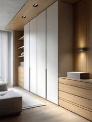 Modern minimalist wardrobe design with white doors, wooden panels, built in shelves, and soft natural lighting for calm bedroom atmosphere