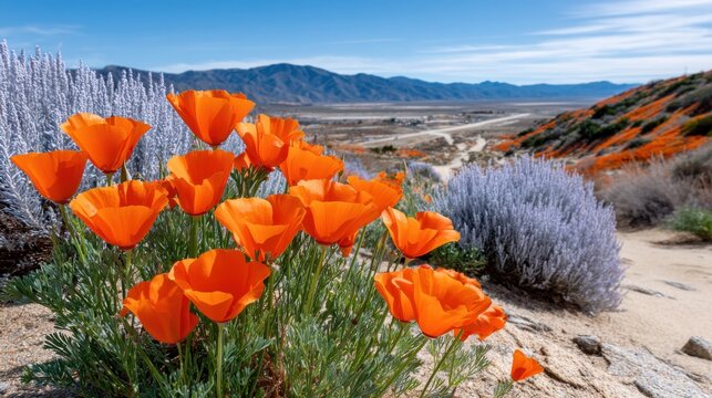 landscape photography of Antelope Valley California Poppy Reserve, rolling hills covered in a carpet of vibrant orange wild poppy flowers, superbloom phenomenon