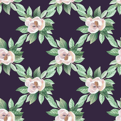 Seamless pattern of a blooming magnolia on a violet background. Handmade watercolor illustration. For packaging design, cards, cover, wallpaper, prints, product labels and fabric.