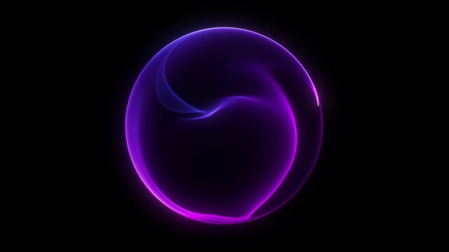 Blue energy glowing sphere futuristic atom from electric magic particles and energy waves background. Abstract purple and blue plasma energy ring glowing, loop motion. Purple laser sphere