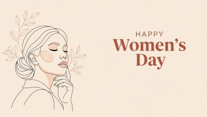 Line Art Woman Profile with Flowers, Happy Women's Day Text