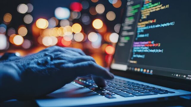Person typing on laptop with code