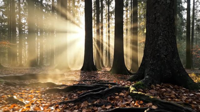 Sunlight streaming through tall trees in a dense forest during autumn.