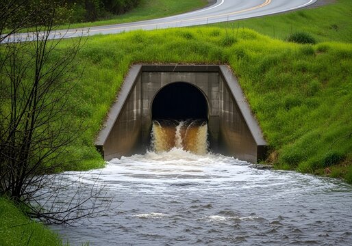 Panoramic Rural Landscape with Concrete Culvert and Flowing Stream