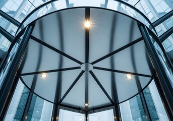 Extreme Low-Angle Architectural Photography of Modern Metallic Revolving Door Canopy