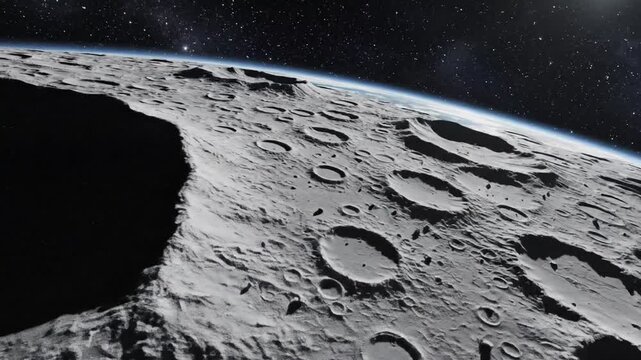 Detailed cinematic view of the lunar surface dark side featuring deep crater formations and rocky terrain orbiting through the vast cosmic abyss of outer space with high definition texture.