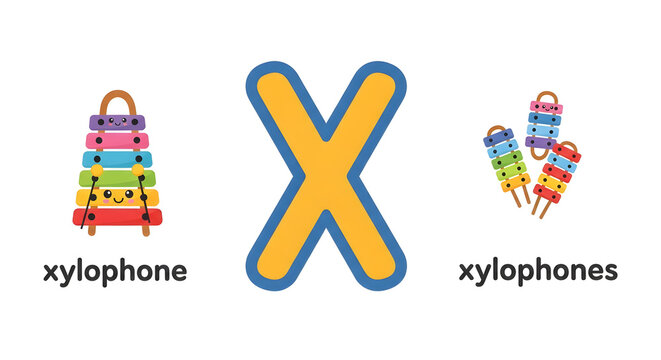 Cute Letter X Alphabet Flashcard: Singular and Plural "Xylophone" vs "Xylophones" for English Grammar and Kids Education