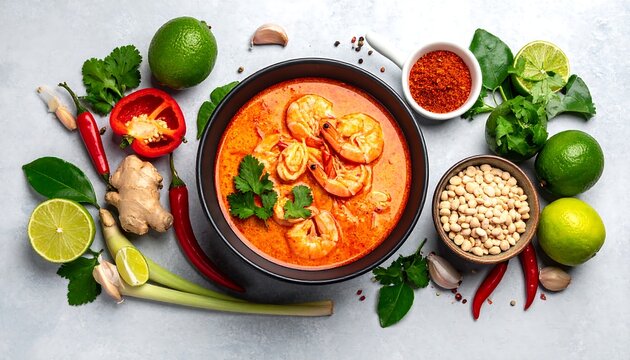 Delicious Thai Tom Yum Goong Soup with Shrimp and Ingredients.