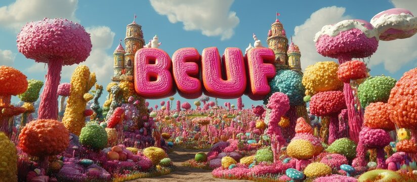 Fantastical Candy Kingdom with Floating Pink BEUF Text and Textured, Sugary Flora.