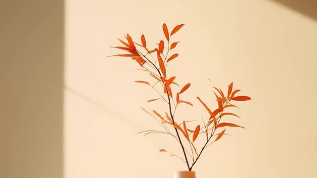 Two elegant ceramic vases featuring branches with reddish orange leaves, presented in soft sunlight creating subtle shadows and a tranquil, harmonized home decor aesthetic