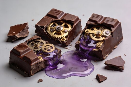 Chocolate pieces with gears and purple liquid