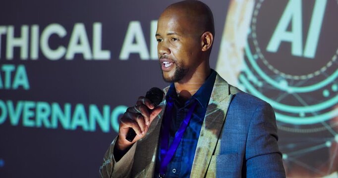 Stage, man and business speaker in conference for ai data governance, ethical guidelines or training workshop. Professional, black person or discussion with mic in international summit for compliance