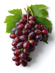 Fototapeta premium Complete bunch of purple grape with green leaf, fresh fruit, juicy, healthy snack, isolated on white background
