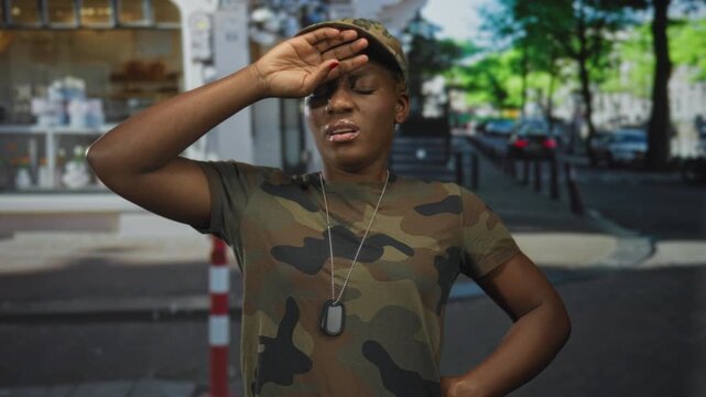 Young african american woman soldier in camouflage uniform wipes forehead on busy city street; exhaustion.