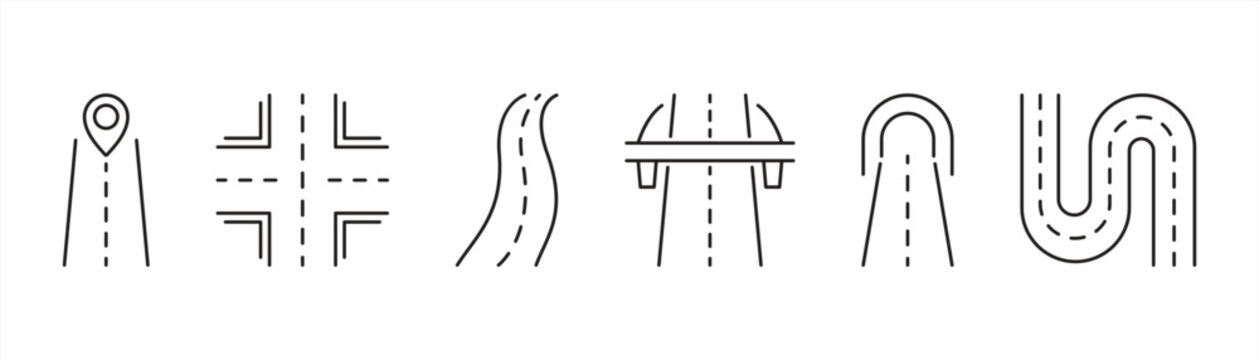 modern road and navigation thin line icon set. contain minimal route, highway, intersection, bridge, curve, and direction symbol for maps, travel, GPS, and journey design. vector illustration