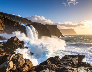 Dramatic Coastal Waterfall Crashing into Powerful Ocean Waves at Golden Hour