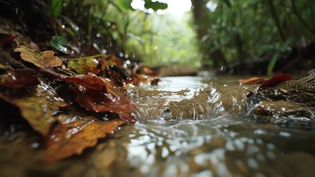 Pure mountain running water flows gently over soil and amidst vibrant autumn foliage in a serene natural setting.