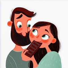 Young happy couple sharing dark chocolate bar together in romantic illustration