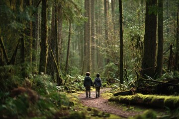 Obraz premium Children strolling hand in hand through a peaceful woodland trail, nature and bond
