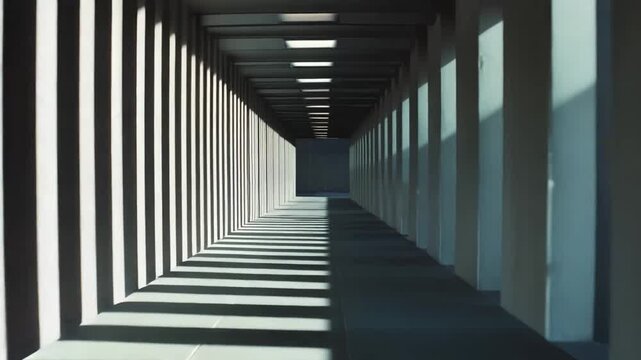 Empty architectural hallway creating a strong sense of depth and perspective with repetitive shadows and linear patterns, symbolizing direction, journey, and the path forward or future