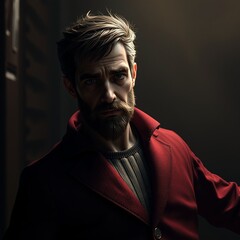 Fototapeta premium Serious man in red coat under dramatic lighting with dark background