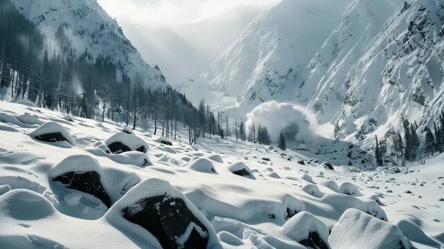 Huge avalanche from mountain, winter nature color landscape