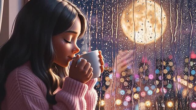 Lofi Cute Girl Night Rain Scene, 4K Romantic Moonlight, Cozy City Lights, Peaceful Anime Style, Emotional Mood, Relaxing Aesthetic Background, Digital Illustration, Stock Video