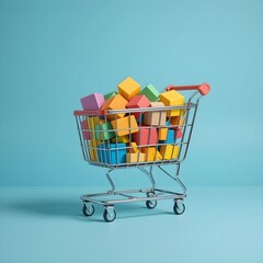 파스텔 배경에 다양한 색상의 큐브로 채워진 쇼핑 카트