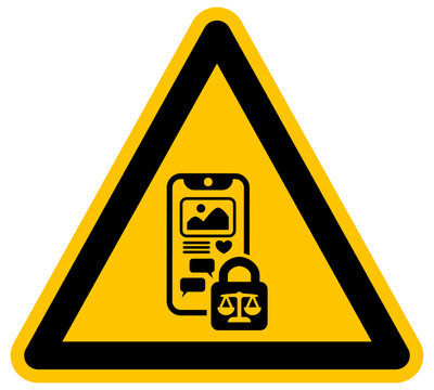 Vector de se&ntilde;al de advertencia sobre regulaci&oacute;n legal y leyes de redes sociales para menores con icono de balanza y candado de seguridad digital para protecci&oacute;n infantil y juvenil